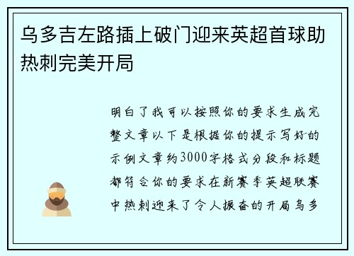 乌多吉左路插上破门迎来英超首球助热刺完美开局 乌多吉左路插上破门迎来英超首球助热刺完美开局