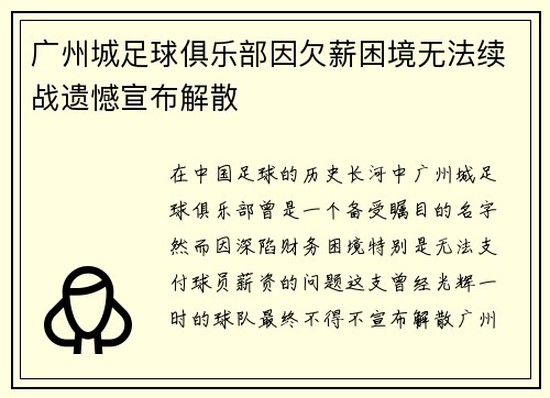 广州城足球俱乐部因欠薪困境无法续战遗憾宣布解散 广州城足球俱乐部因欠薪困境无法续战遗憾宣布解散